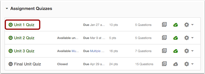 Quizzes are listed under