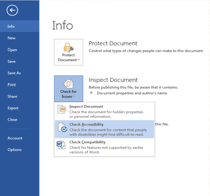 On the info box, select Check for Issues and choose the Check for Accessibility option.
