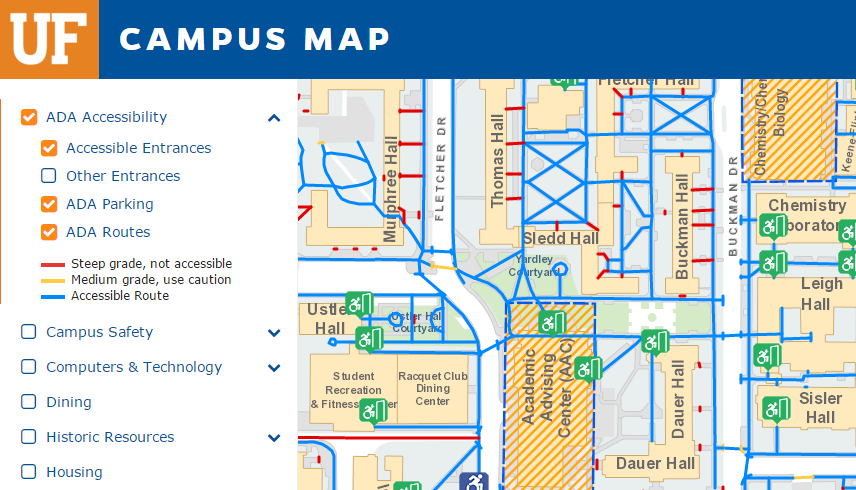 Select ADA Accessibility options on the UF Campus map to view accessible entrances and parking.
link to map